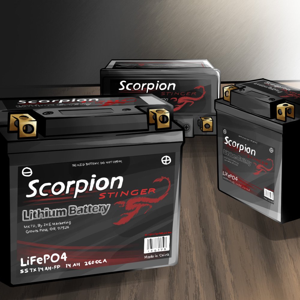 A picture of three Scorpion Stinger lithium batteries.