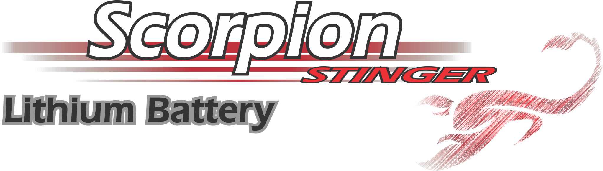 Picture of the Scorpion Stinger Logo. Red stipes behind the white Scorpion text. Stinger in smaller red text below the Scorpion word. Red scorpion to the lower right and Lithium Battery to left.