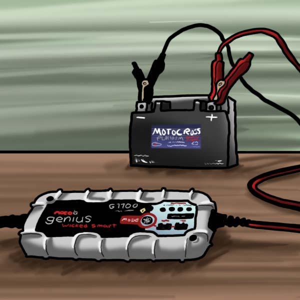 A cartoon picture of a battery charger hooked up to a battery.