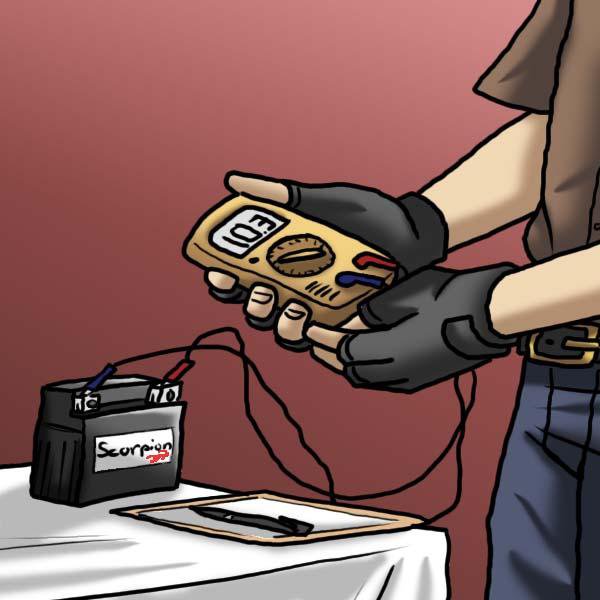 A cartoonish picture showing a guy holding a voltmeter hooked up to a battery that is sitting on a table.