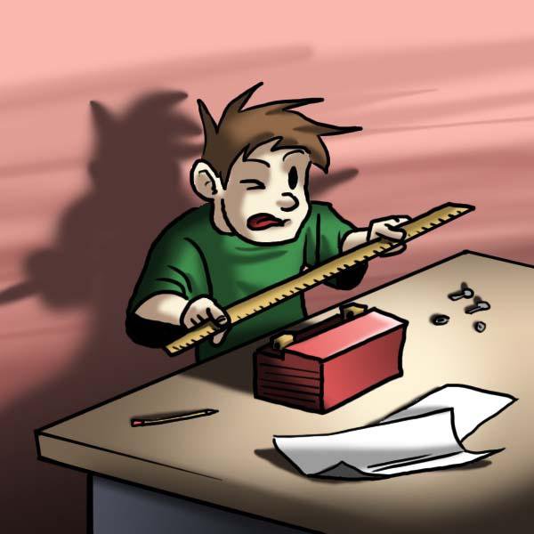 A cartoonish guy standing behind a desk measuring a battery.