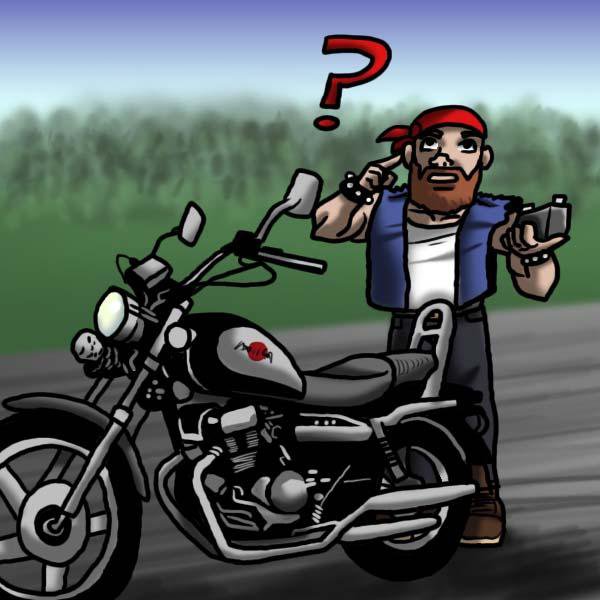 A cartoonish picture showing a guy standing next to a motorcycle holding a battery with a question mark above his head.