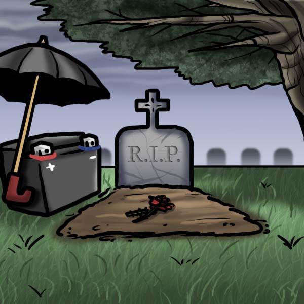 Image of a battery holding an umbrella next to a gravesite.