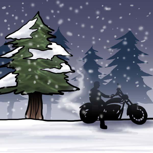 Picture of bike next to a snow covered tree while it is snowing.