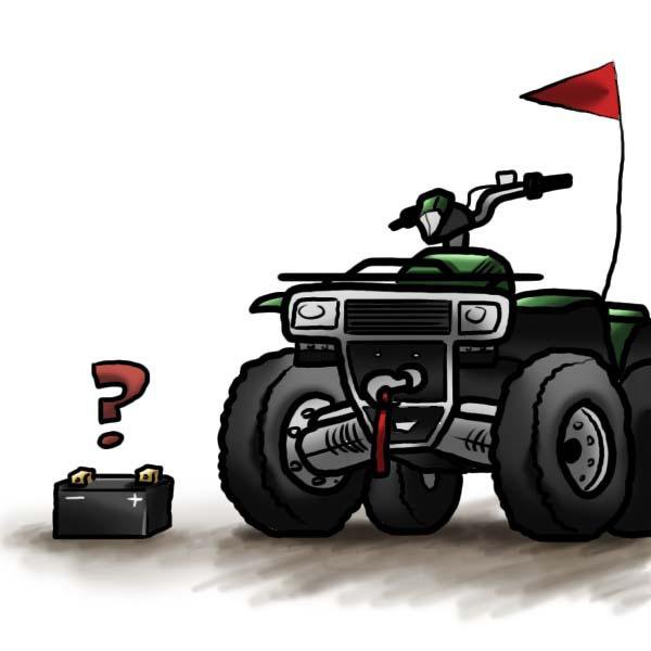 A picture of a battery with a question mark above it parked next to an ATV with a winch.