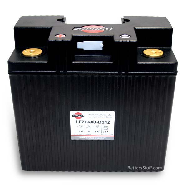 Picture of an Shorai LFX36A3-BS12 Battery. Black casing brass inlets for the terminals, and the left side is positive.