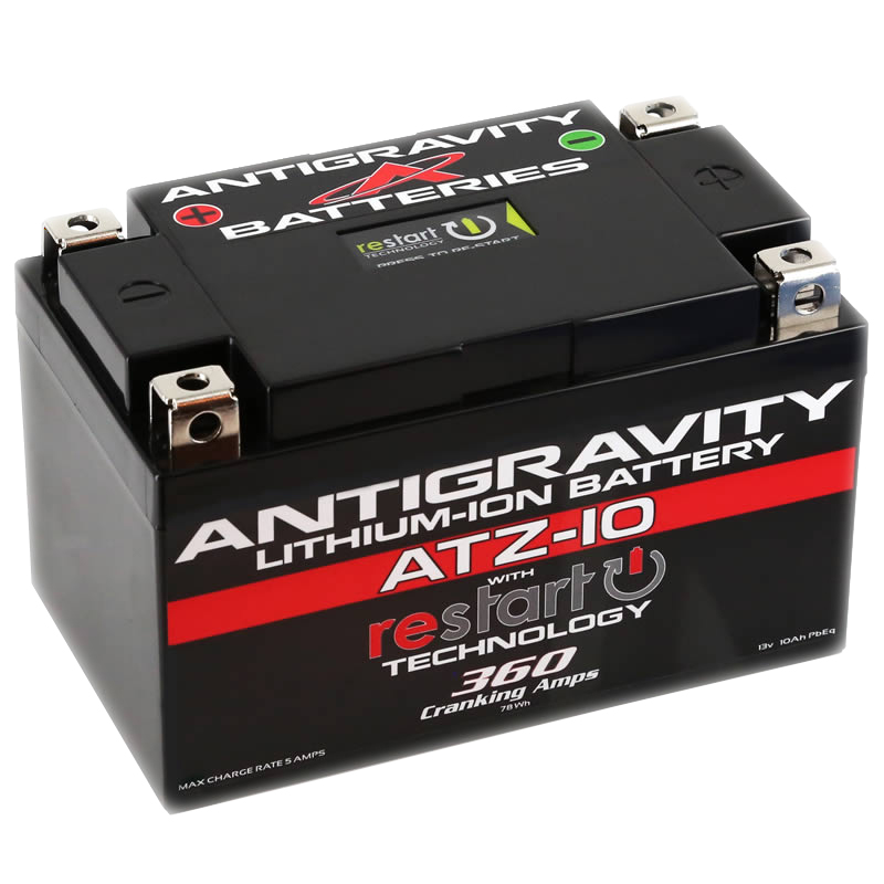 Picture of an Antigravity AG-ATZ-10 battery. Black case with quad post terminals.
