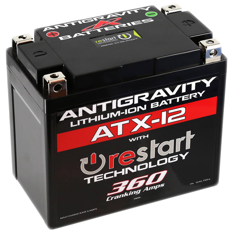 Picture of an Antigravity AG-ATX-12 battery. Black case with quad terminals.
